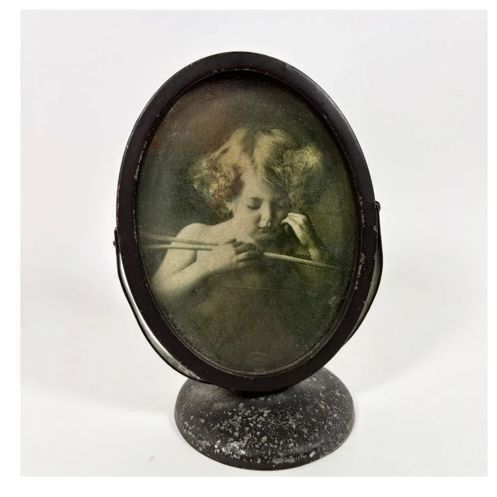 Early 1900s Metal Oval Swivel Picture Frame Child Lithograph Convex Glass